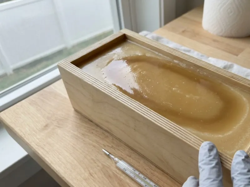 Soap undergoing the gel phase inside a wooden loaf mold next to a glass thermometer.