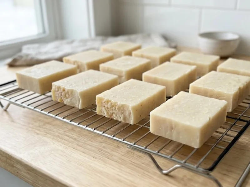 Handmade soap bars cure on a wire rack set on a wooden countertop near a window.