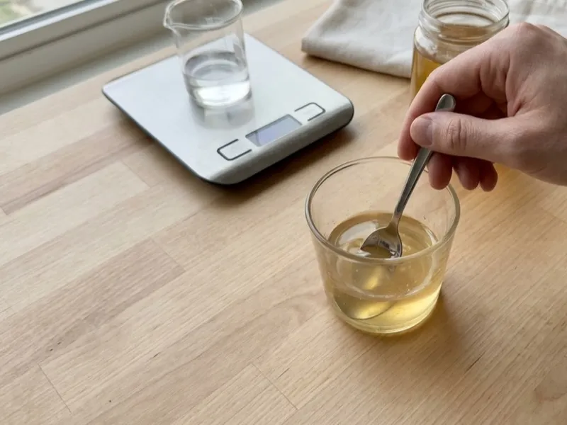 A hand stirs a clear golden liquid in a glass with a spoon on a wooden counter.