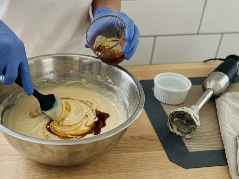 Gloved hands mix amber oil into a bowl of creamy soap batter using a black spatula.