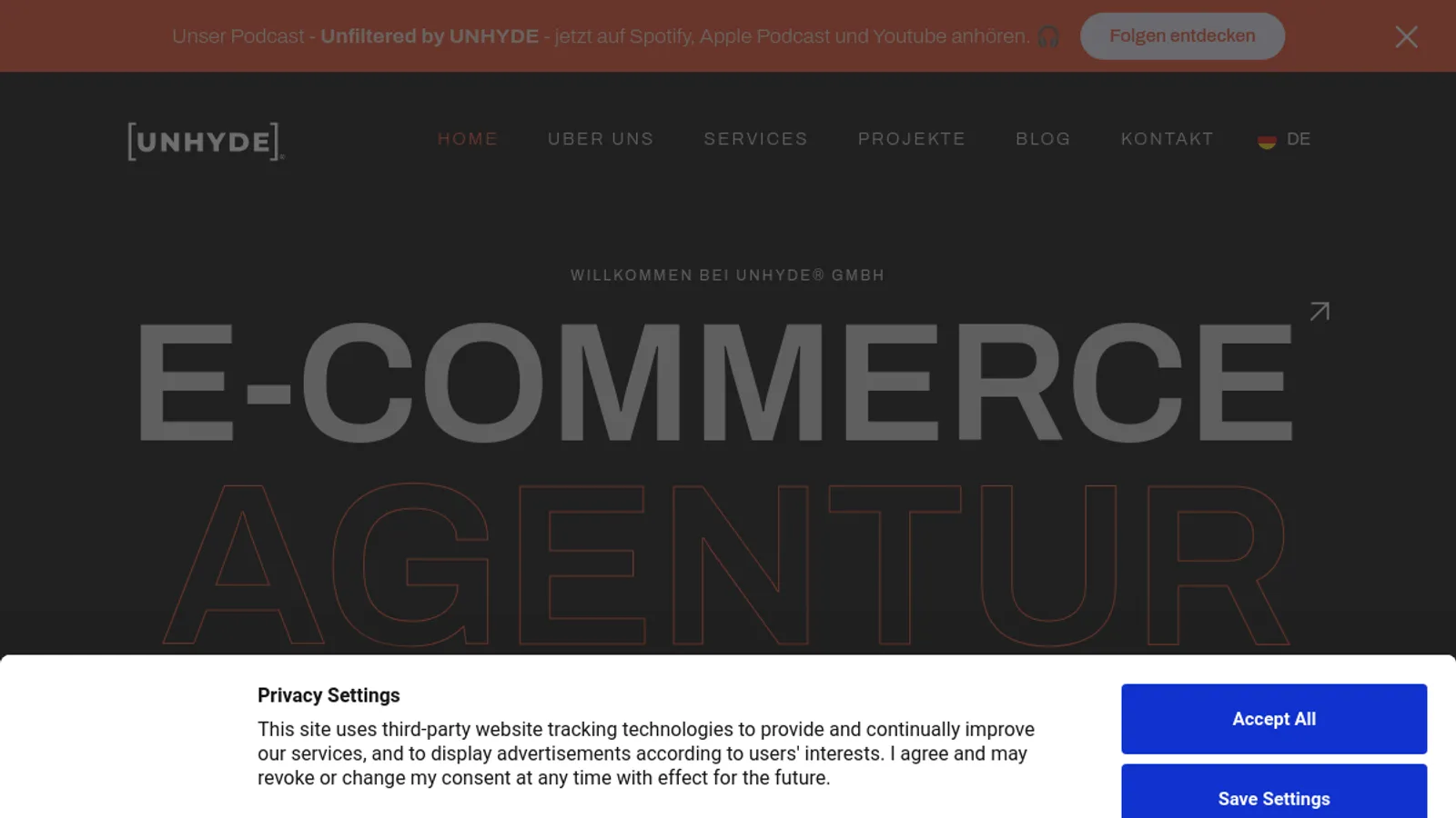 Screenshot of the Unhyde GmbH homepage