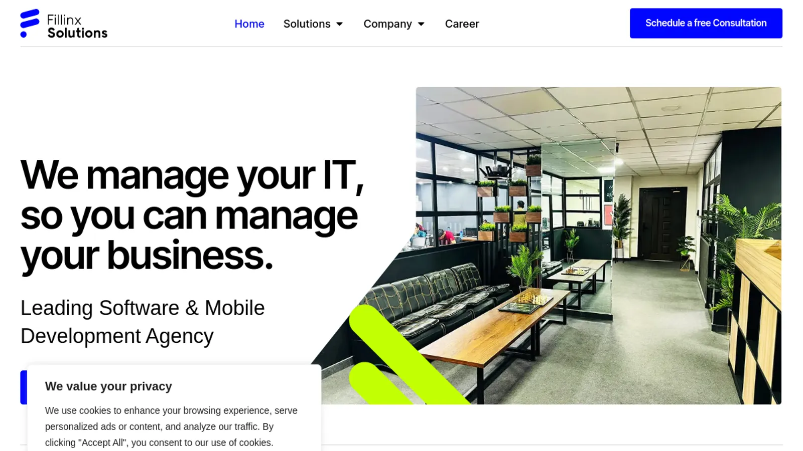 Screenshot of the Fillinx Solutions homepage