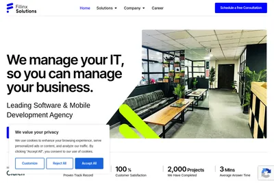 Screenshot of the Fillinx Solutions homepage