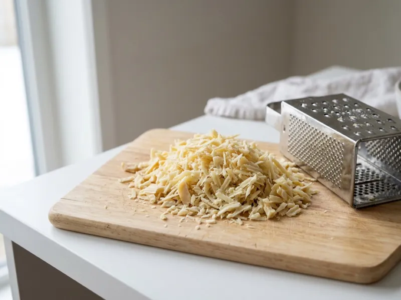 A pile of grated soap shreds sits on a wooden cutting board next to a metal grater.