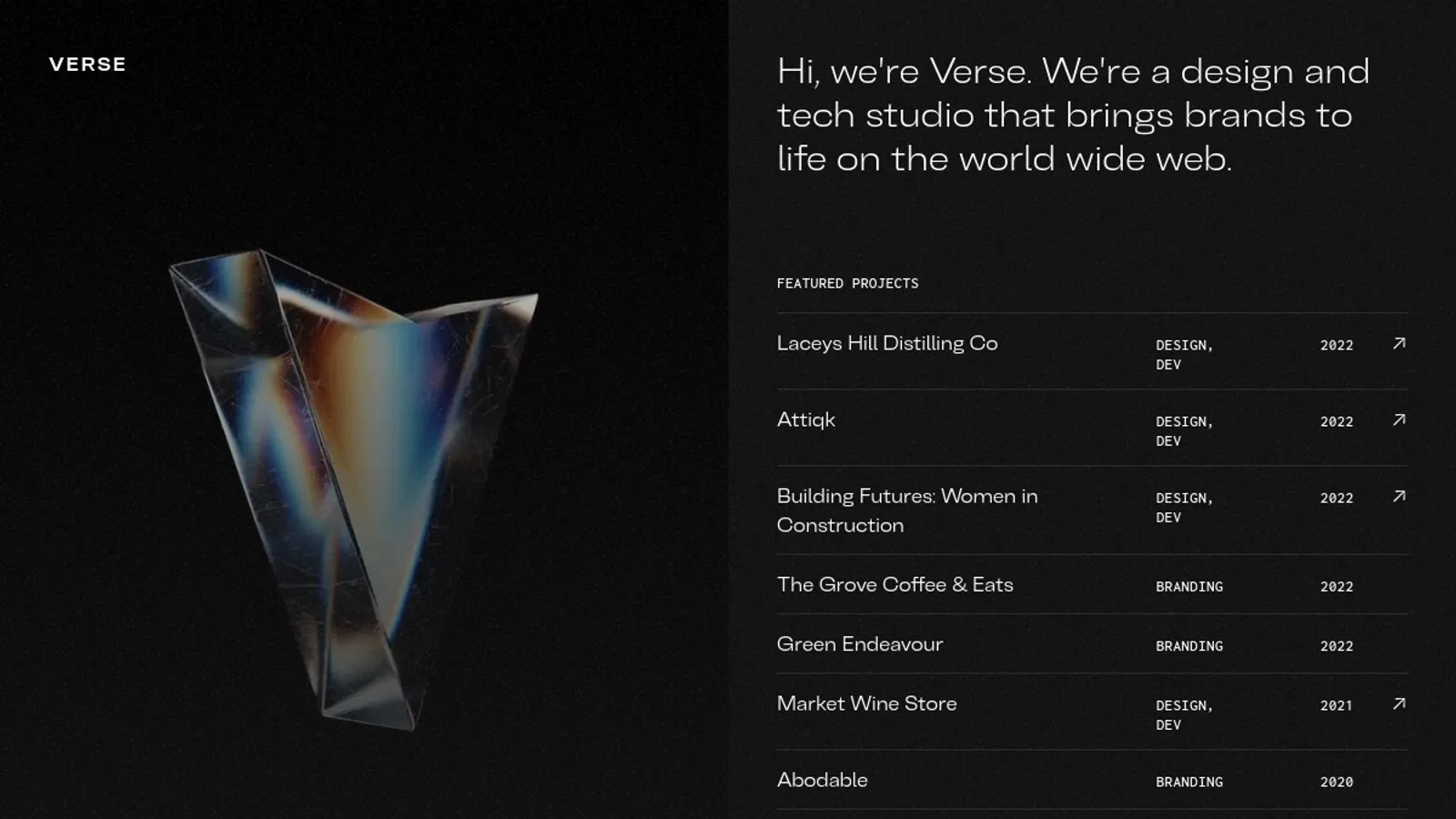 Screenshot of the Verse homepage