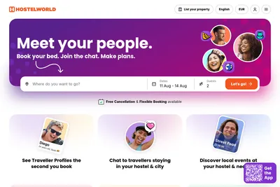 Screenshot of the Hostelworld homepage