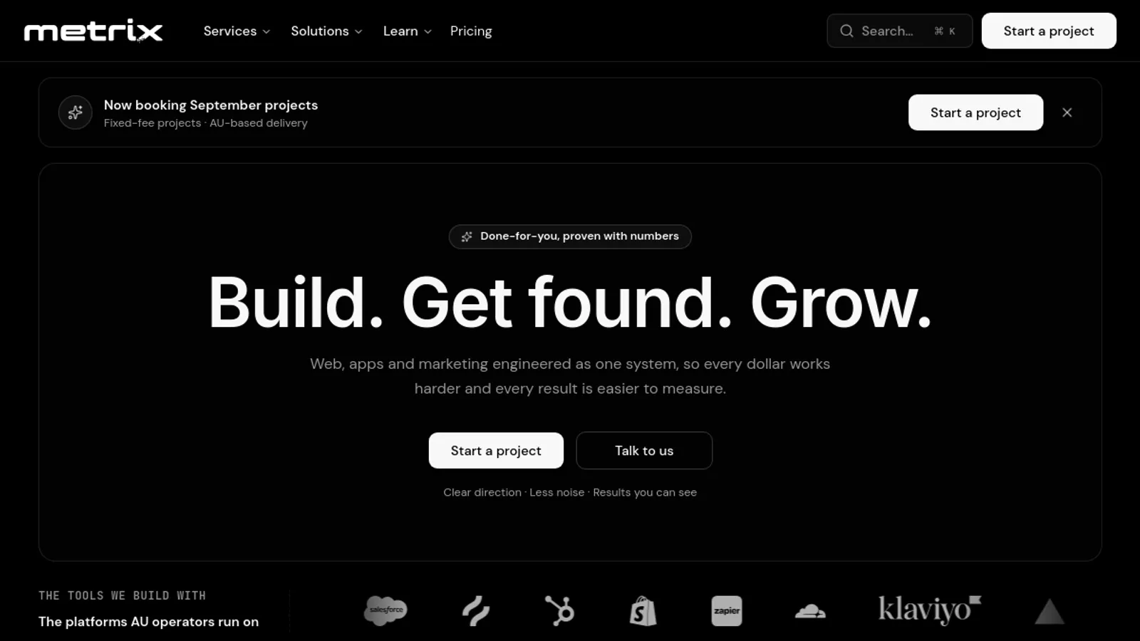Screenshot of the Metrix homepage