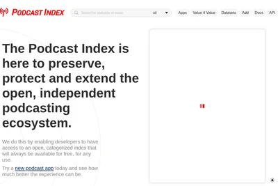 Screenshot of the Podcast Index homepage
