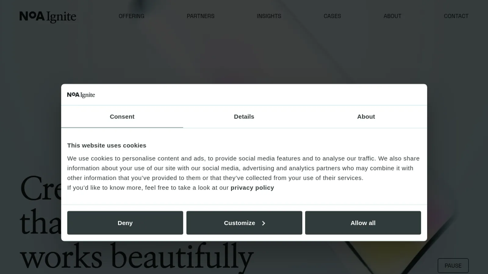 Screenshot of the NoA Ignite homepage