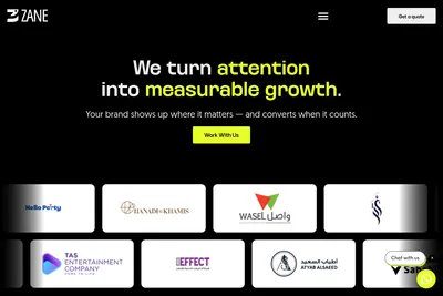 Screenshot of the Zane Media homepage