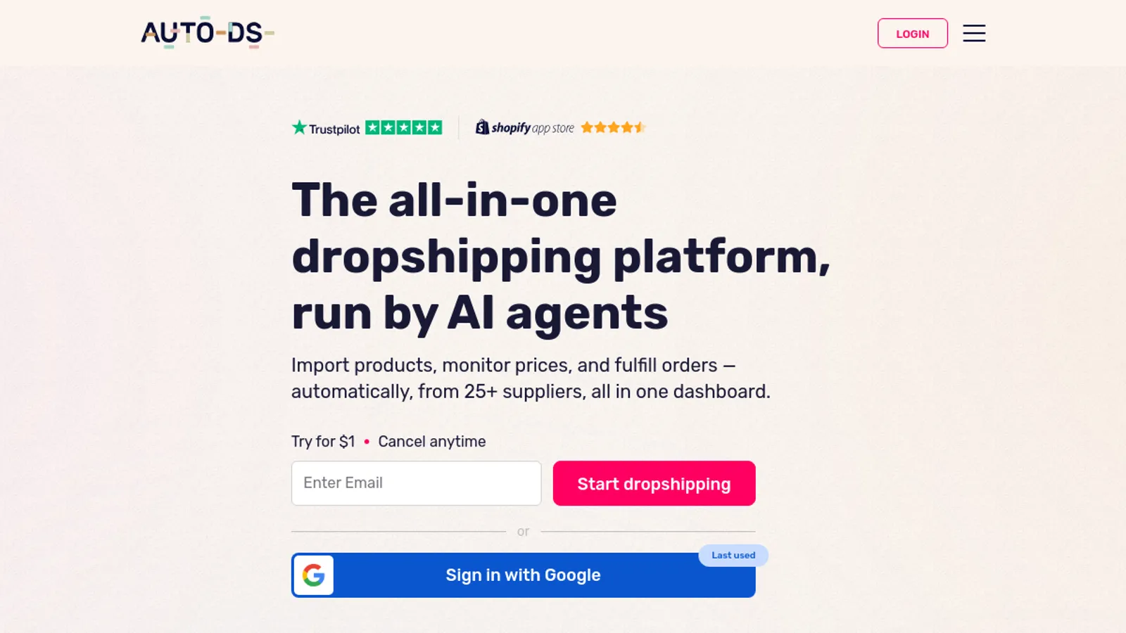 Screenshot of the AutoDS Dropshipping Tools homepage