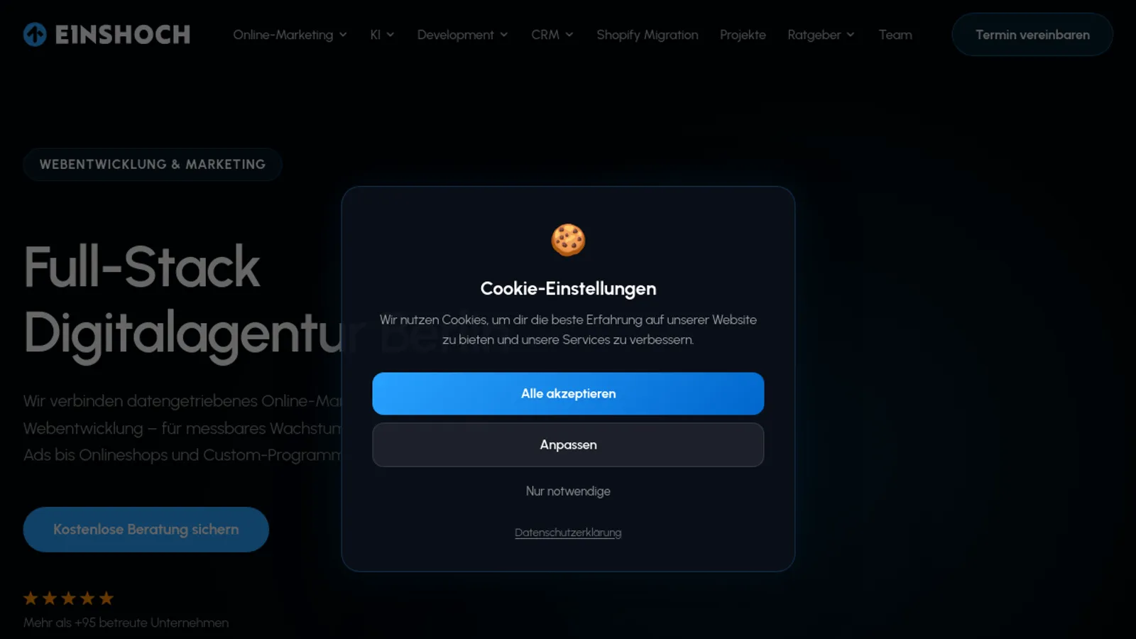 Screenshot of the EINSHOCH homepage