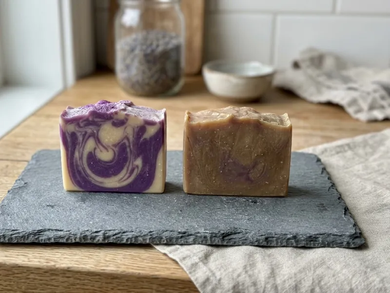 Two handmade soap bars, one purple swirl and one tan, rest on a slate tray.