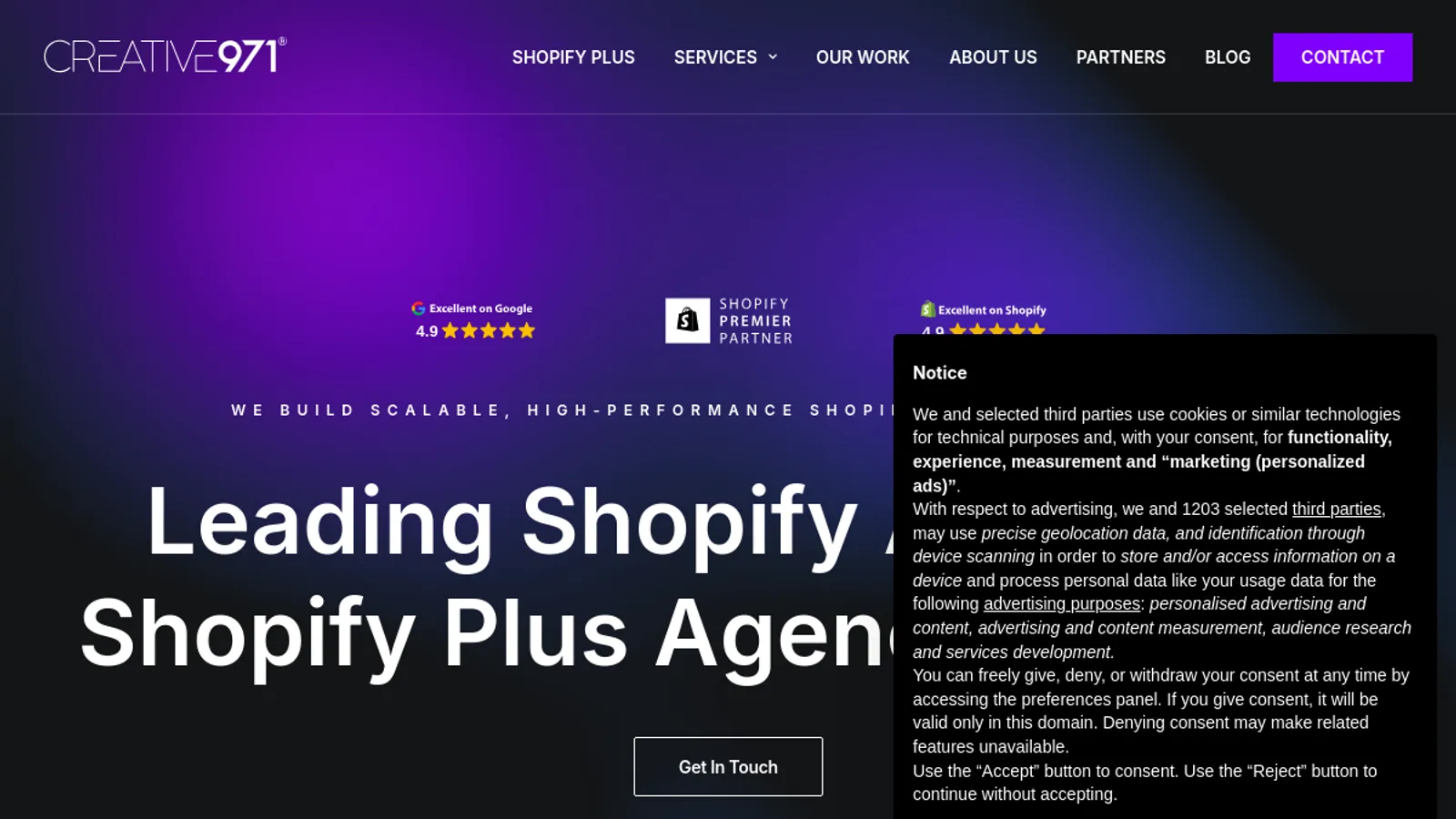 Screenshot of the Creative971 homepage