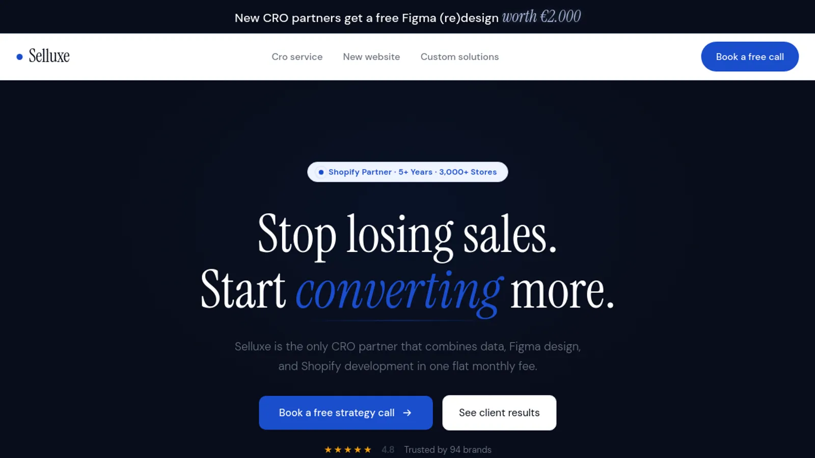 Screenshot of the Selluxe homepage