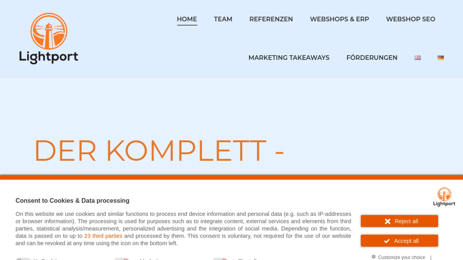 Screenshot of the Lightport homepage